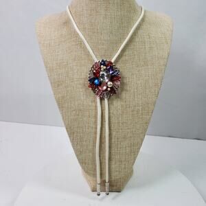 Vintage Bolo Tie Necklace 32 Inch Multicolor w/ White Rope Made in Korea